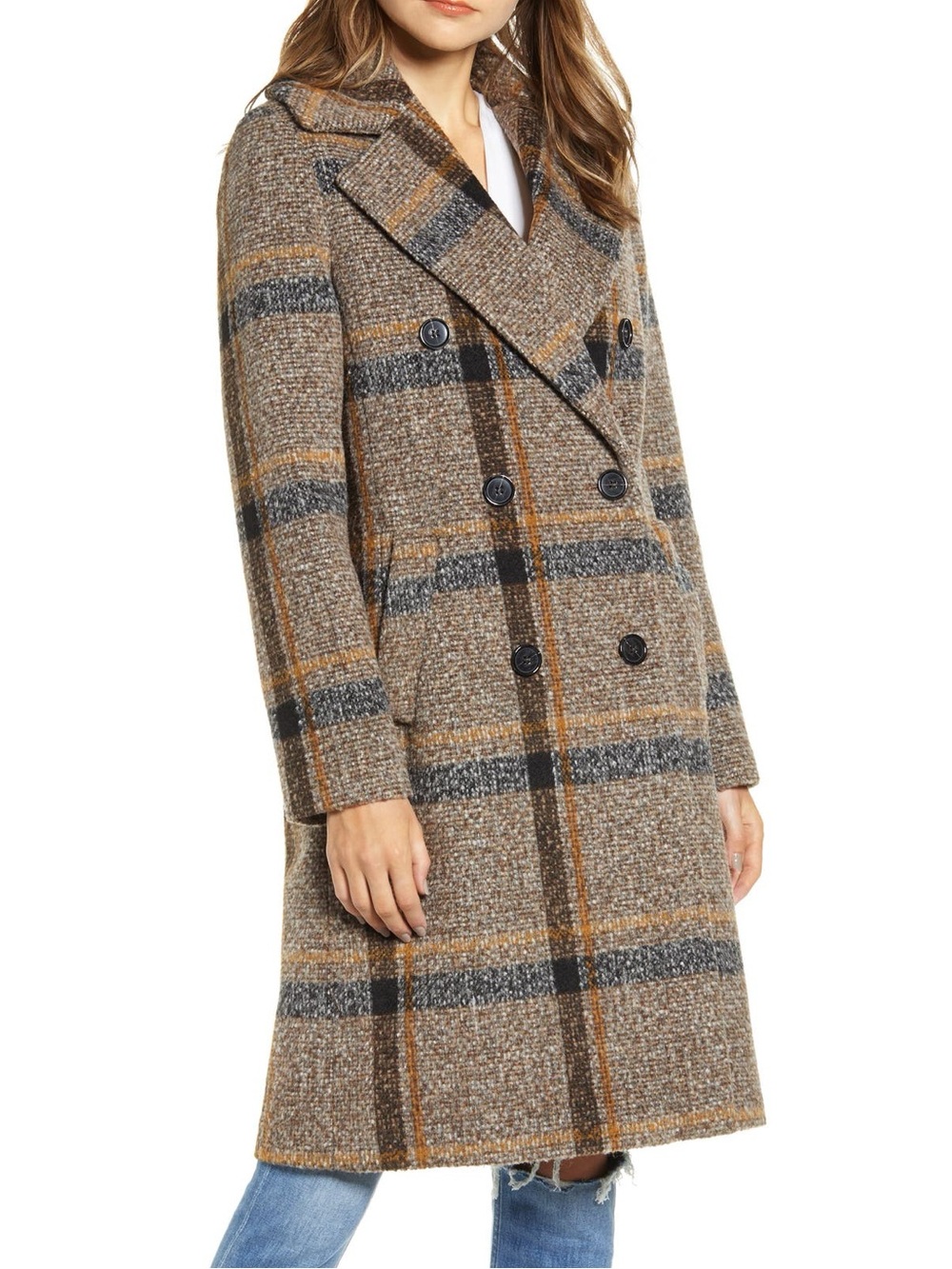 KENDALL + KYLIE Brown Plaid Double Breasted Tweed Coat Size S NWOT - Picture 4 of 11
